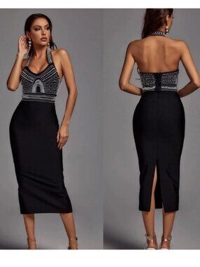 NWT Bella Women's Pearl Detail Halter Bandage Black Midi Dress Size Small